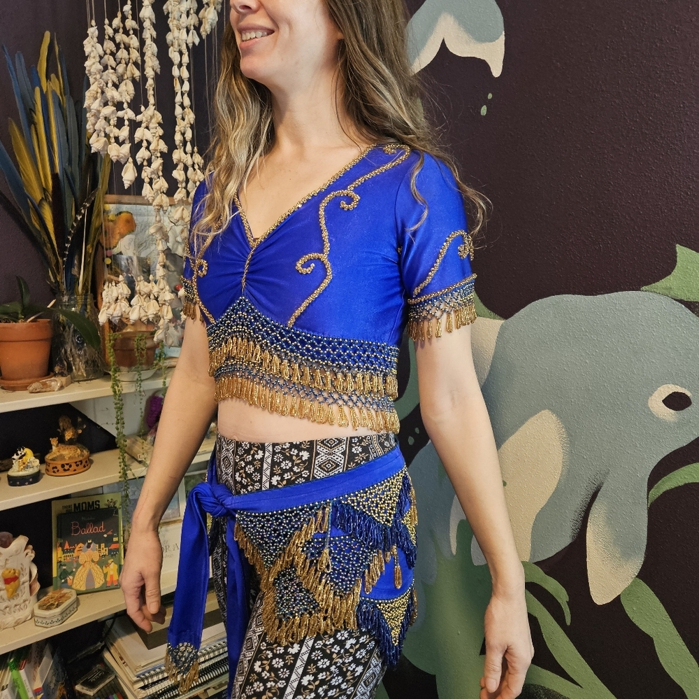 Elegant Blue and Gold Beaded Belly Dance Top with Belt